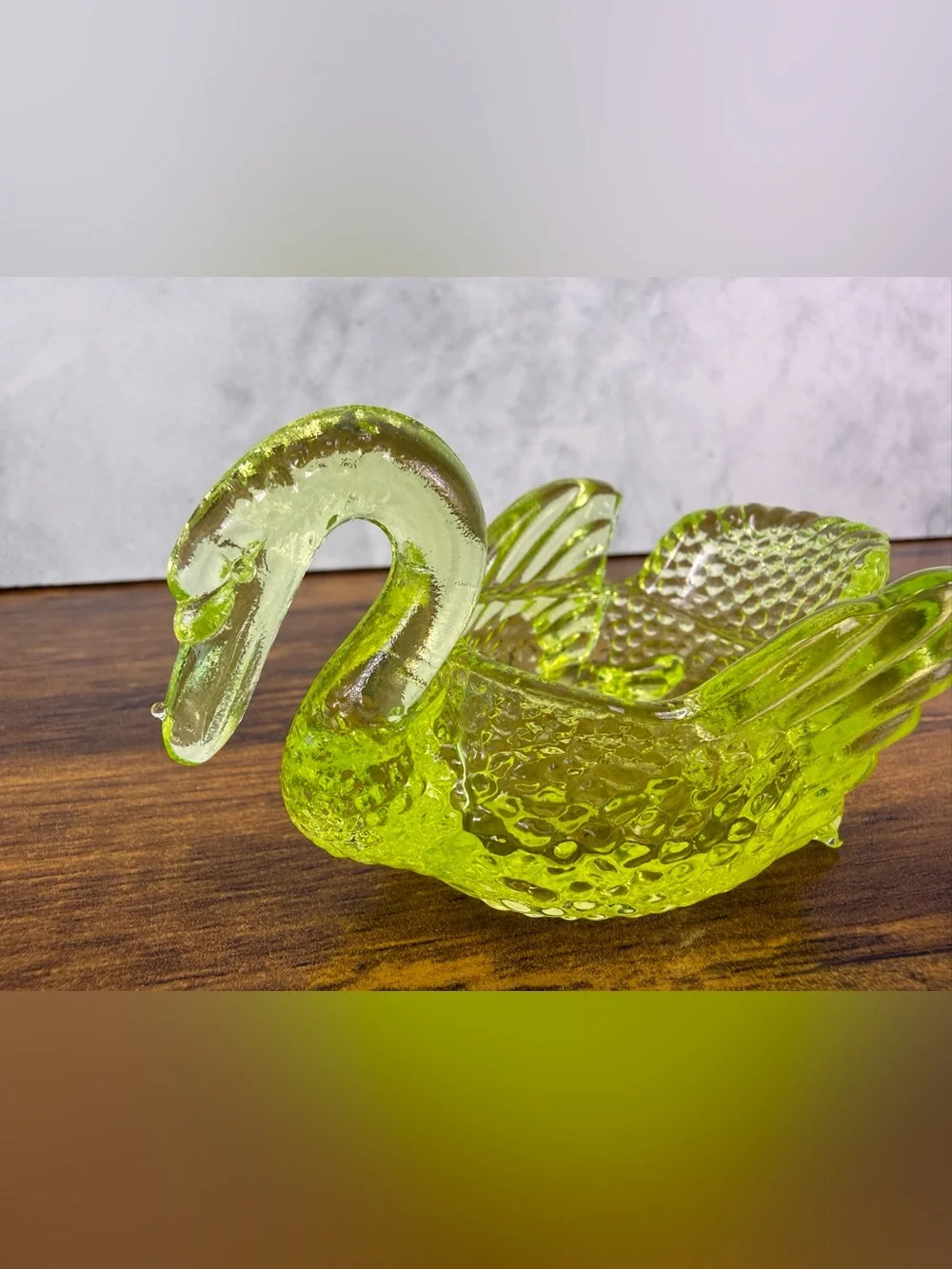 Mosser Glass Uranium Vaseline Swan Open Salt Cellar Dish UV Glow Vintage